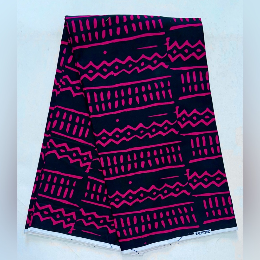 African Print Fabric/Ankara - Black, Magenta 'Zazi' Design, 6 YARDS